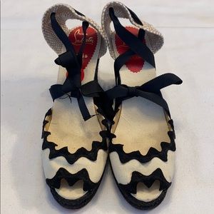 Christian Louboutin black & white peep toe wedge